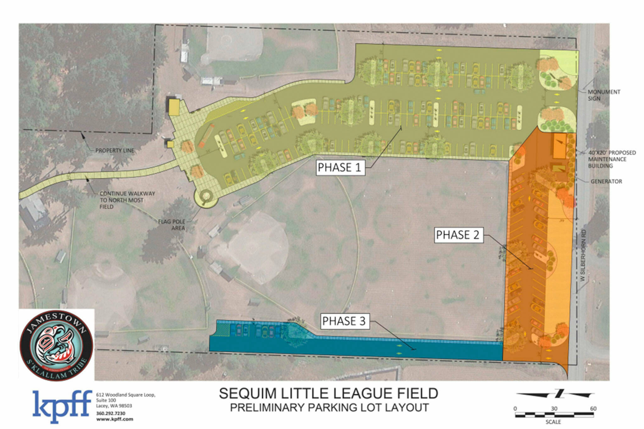 Graphic courtesy City of Sequim/ Jamestown S’Klallam Tribe is leading an effort to renovate the parking area for Sequim Little League in the Dr. Standard Little League Park, 124 W. Silberhorn Road. This conceptual design was made by KPFF Consulting Engineers of Lacey with efforts being looked at to add more parking, staff said.