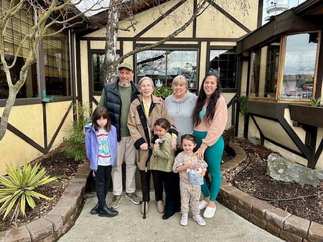 Photo courtesy of Robin Schultze/ Gloria McGrath, second from top left, celebrates her 95th birthday with five generations, including from top left, Matthew Harris of Keiser, Ore., grandson; Robin Schultze, daughter of Austin, Texas; Mikayla Harris, great-granddaughter; and in front, three great-great-grandchildren ages 9, 7 and 3.