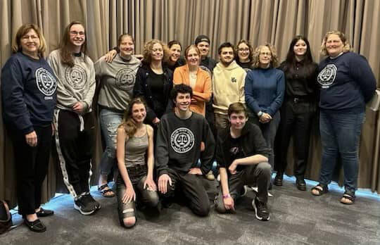 Photo courtesy of Sequim High School Mock Trial Club / Sequim High School’s Mock Trial team and advisors celebrate a strong inaugural season at the state championships in Olympic in late March.