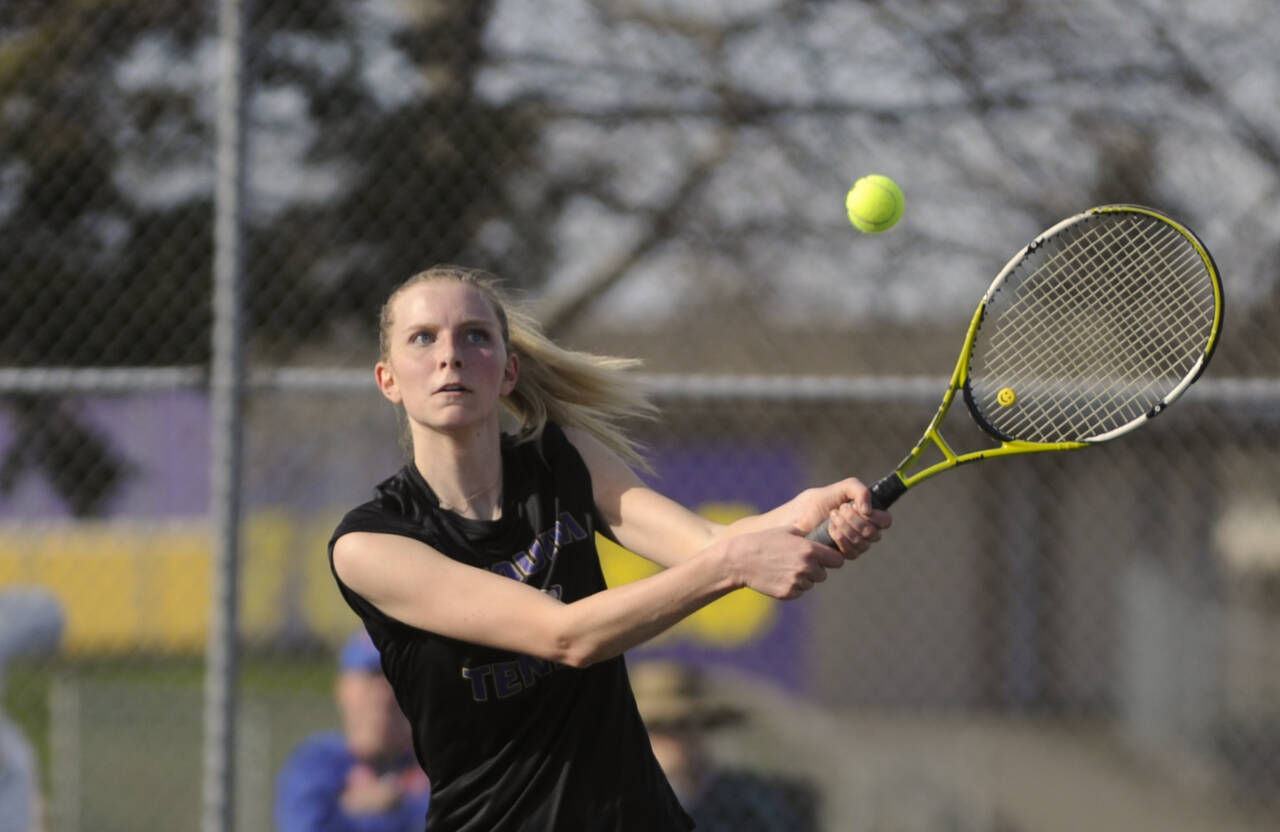 Sequim gazette photo by Michael Dashiell / Sequim High senior Kendall Hastings takes on Port Angeles’ Liberty Lauer on March 29. Hastings won the No. 1 singles match in straight sets (6-1, 6-3) as Sequim swept the Roughriders, 7-0.
