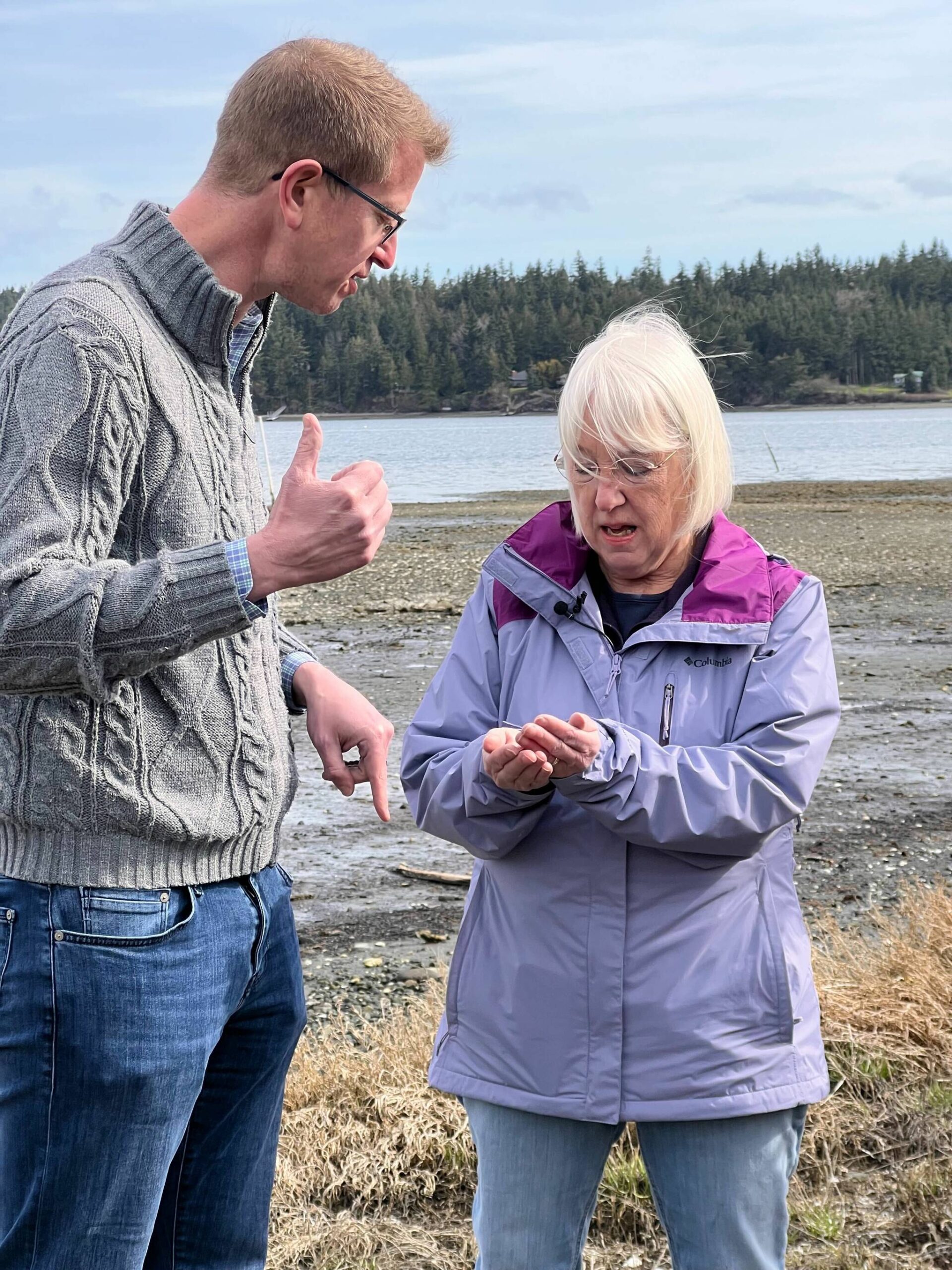 Photo courtesy of U.S. Sen. Patty Murray / ACongressman Derek Kilmer and U.S. Sen. Patty Murray last week tour the southern end of Sequim Bay with leaders from the Jamestown S’Klallam Tribe, local environmental advocates and experts to hear about efforts of trapping invasive European green crab.
