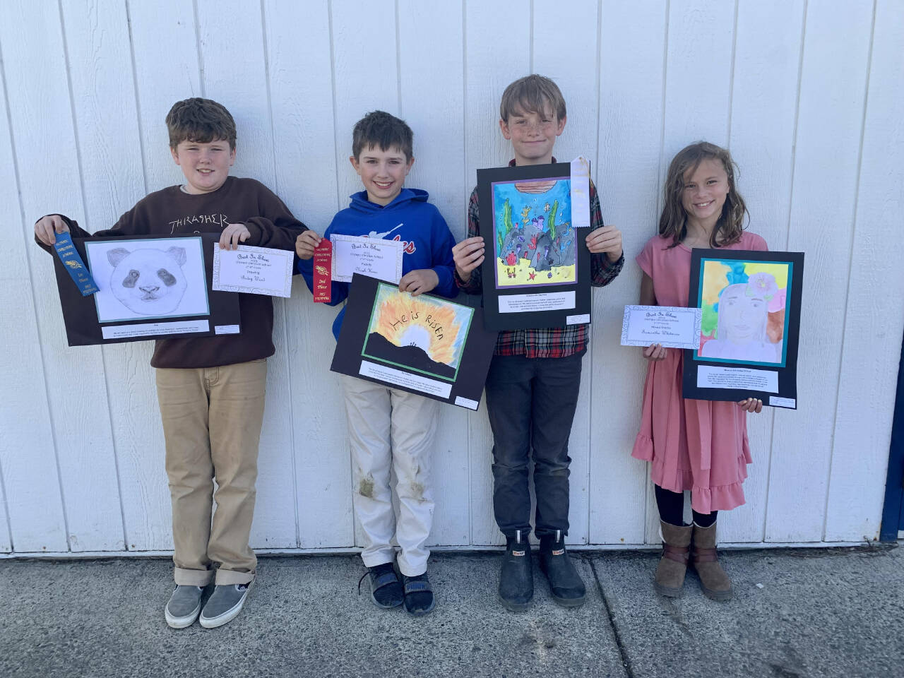 Photo courtesy of Olympic Christian School
Artists in Olympic Christian School’s fifth-grade division include award-winners, from left, Bodey Wood, Noah Kiser, Ben Lovell and Sami Whitmore.