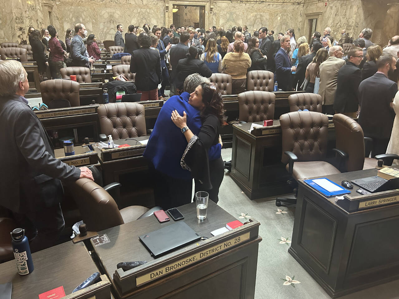 Photo by Alexandria Osborne/WNPA News Service / Members of the Washington State House of Representatives celebrate the close of the 2023 Legislative session. Legislators are set to start a special session on May 16 that local legislators expect will be resolved quickly.