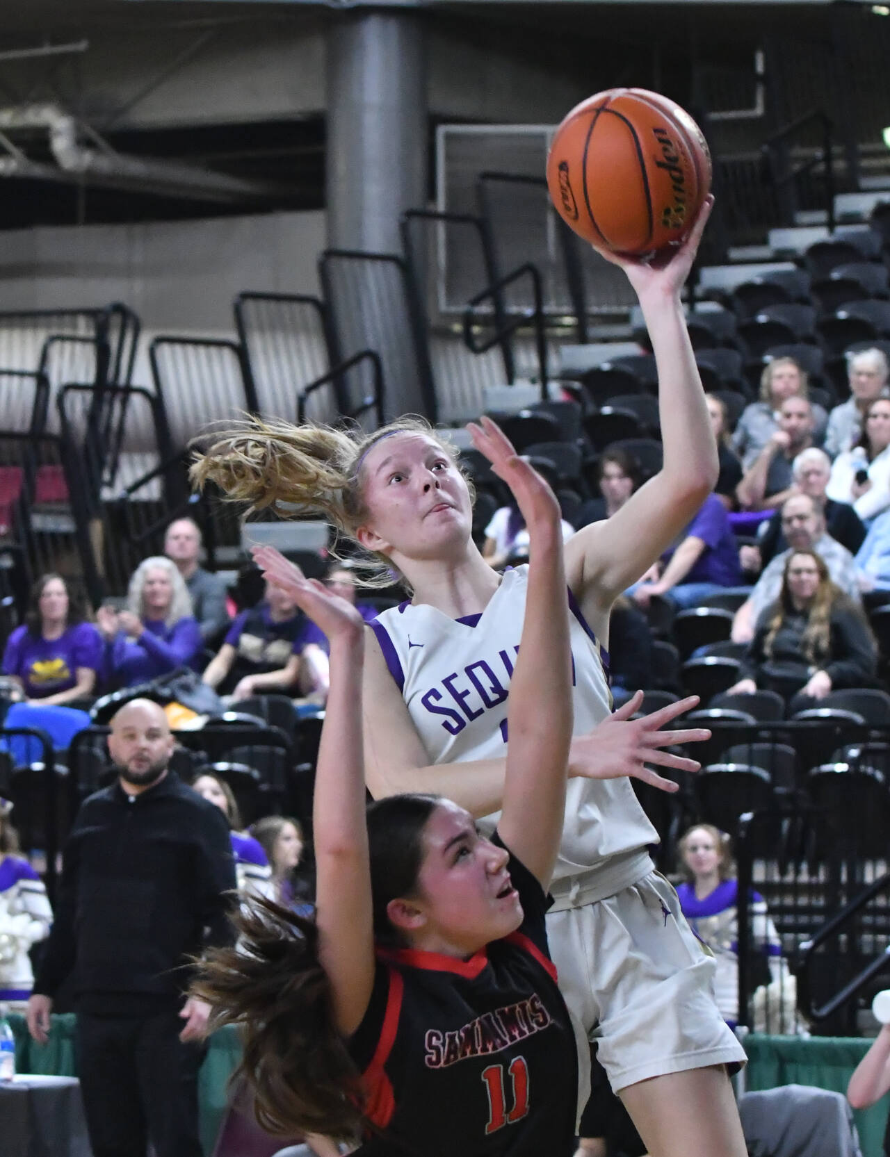 Photo by Jim Heintz / Sequim’s Jolene Vaara looks to get past Sammamish’s Sophia Eastman in the first half of SHS’s 57-37 win over Sammamish at the class 2A state tournament in Yakima on March 1. Vaara was recently named the Peninsula Daily News’ All-Peninsula Girls Basketball MVP.