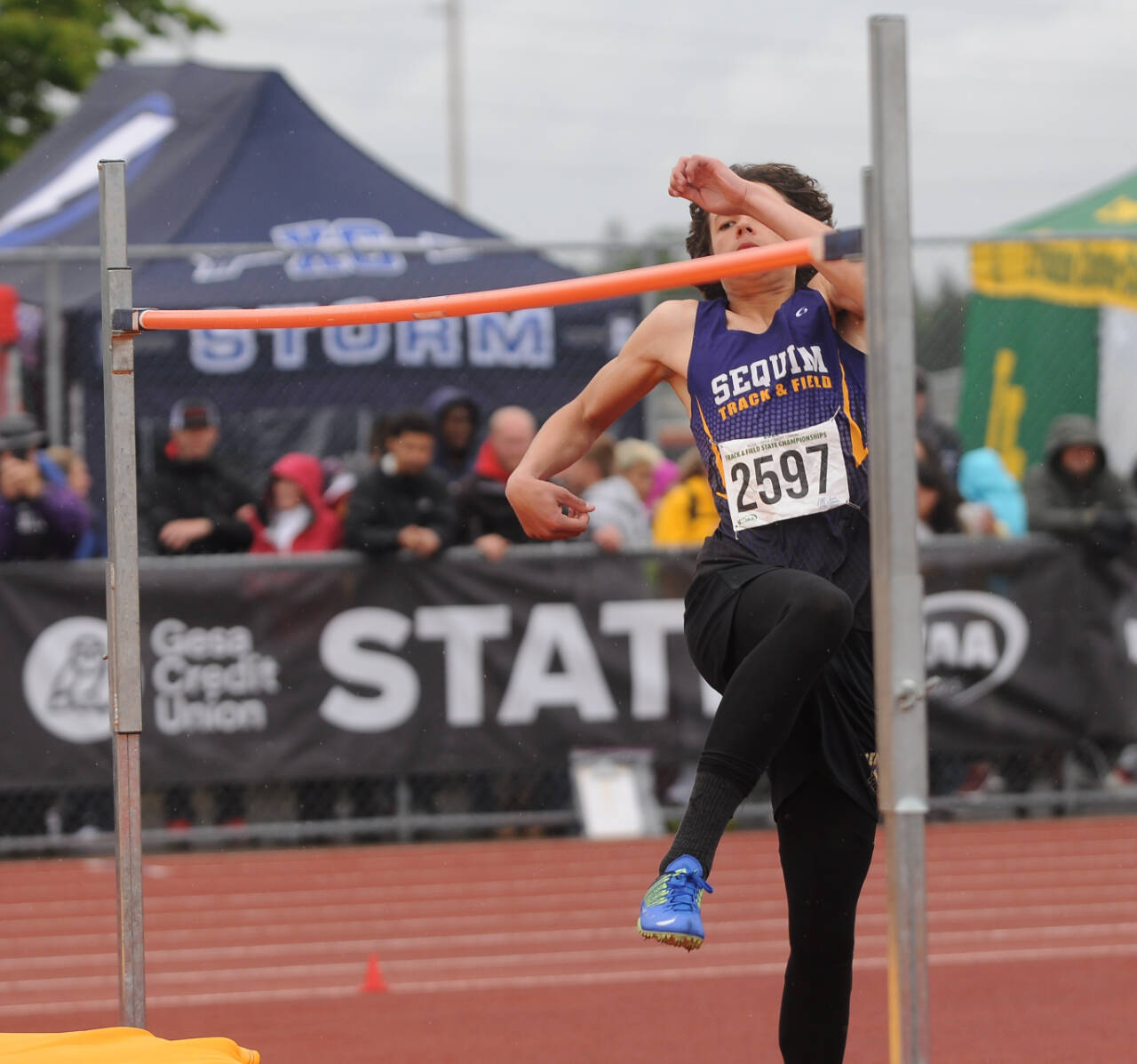 Sequim Gazette file photo by Michael Dashiell Sequim’s Andrew Brown competes in the high jump at the class 2A state meet in 2022. Now a sophomore, Brown earned three West Central District titles in Renton last week and looks for his first state title in Tacoma this coming weekend.
