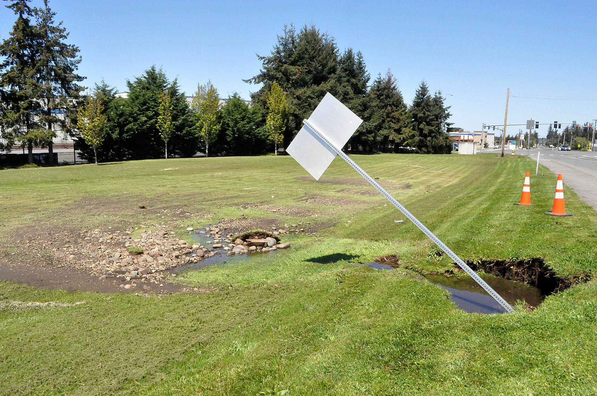 Sequim Gazette photo by Matthew Nash/ A water main east of Clallam Public Utility District’s Carlsborg campus broke on the morning of May 10.