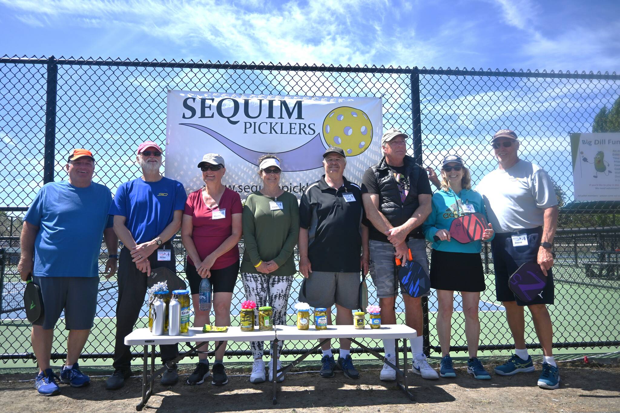 Sequim Gazette photo by Michael Dashiell / To placers in the Big Dill Fun Day tournament at Carrie Blake Community Park on May 20 include, from left: Kevin Jenks and Mike Richer, first place; Sherri Gyovai and Cindi Pettit, second place; Greg Cooper and Tom Flack, third place, and Abigail Berg and Steve Burkett, fourth place.