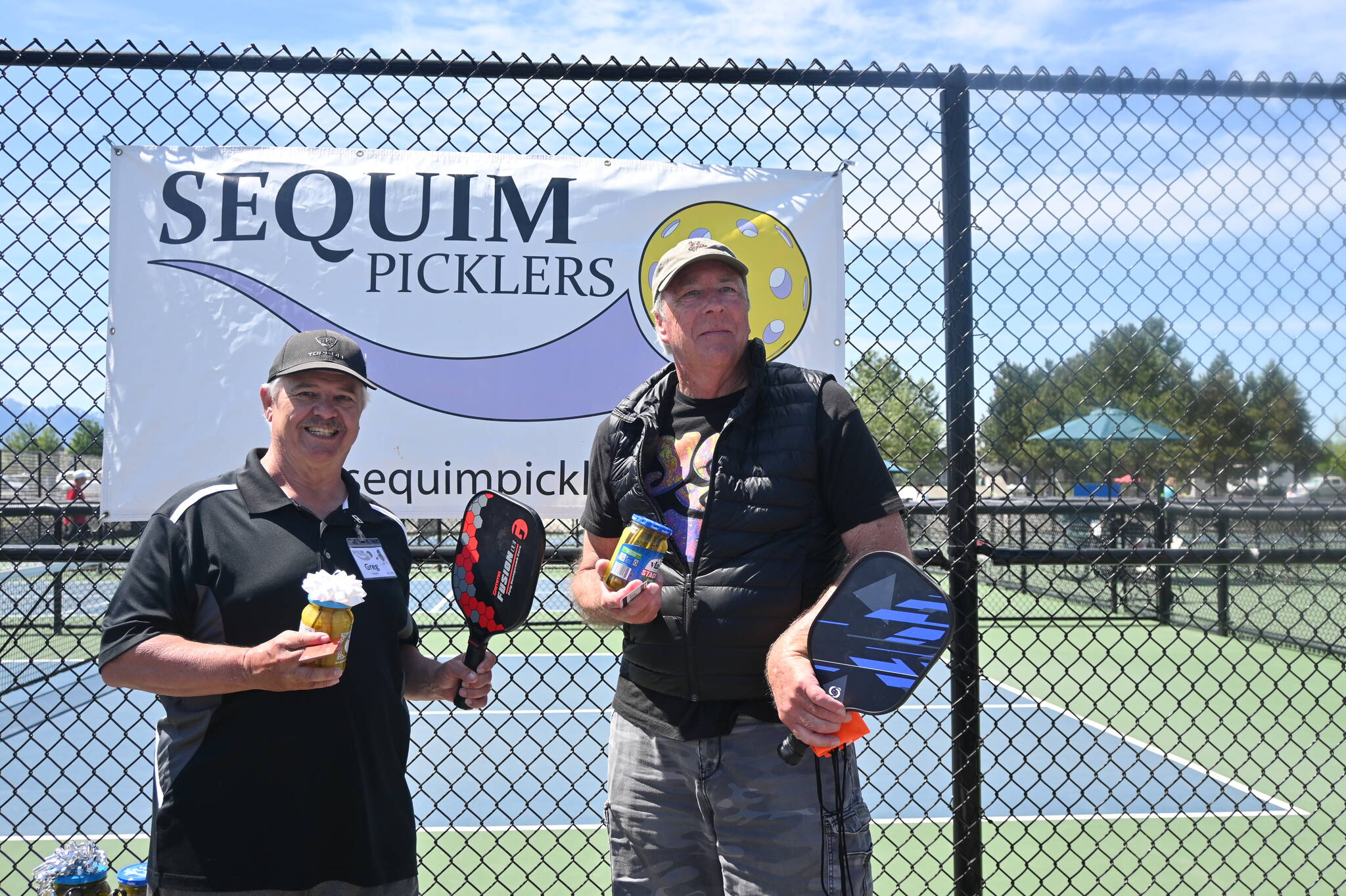 Sequim Gazette photo by Michael Dashiell / Greg Cooper, left, and Tom Flack took third place in the Sequim Picklers’ 2023 Big Dill Fun Day tournament.