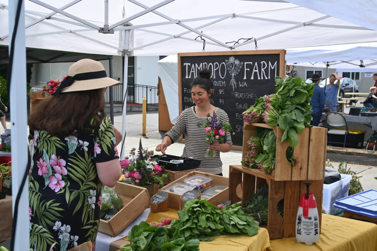 Sequim Gazette photo by Michael Dashiell
Several farms, including Tampopo Farm, bring fresh vegetables, flowers and more to the Sequim Farmers Market each Saturday through October.
