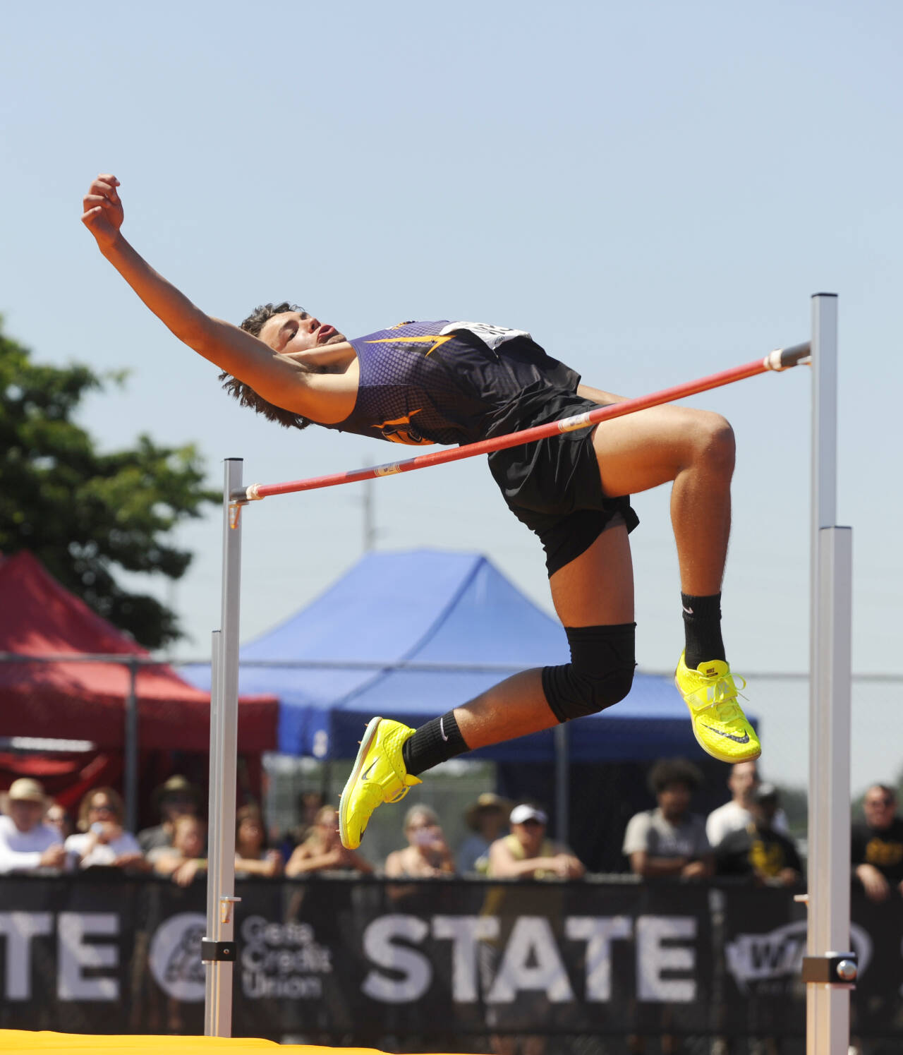 Sequim Gazette photo by Michael Dashiell / Sequim High sophomore Andrew Brown looks to clear 6 feet in the high jump at the state 2A track and field championships at Mount Tahoma High School on May 26. Brown finished seventh in the event, after placing 11th in the event as a freshman.