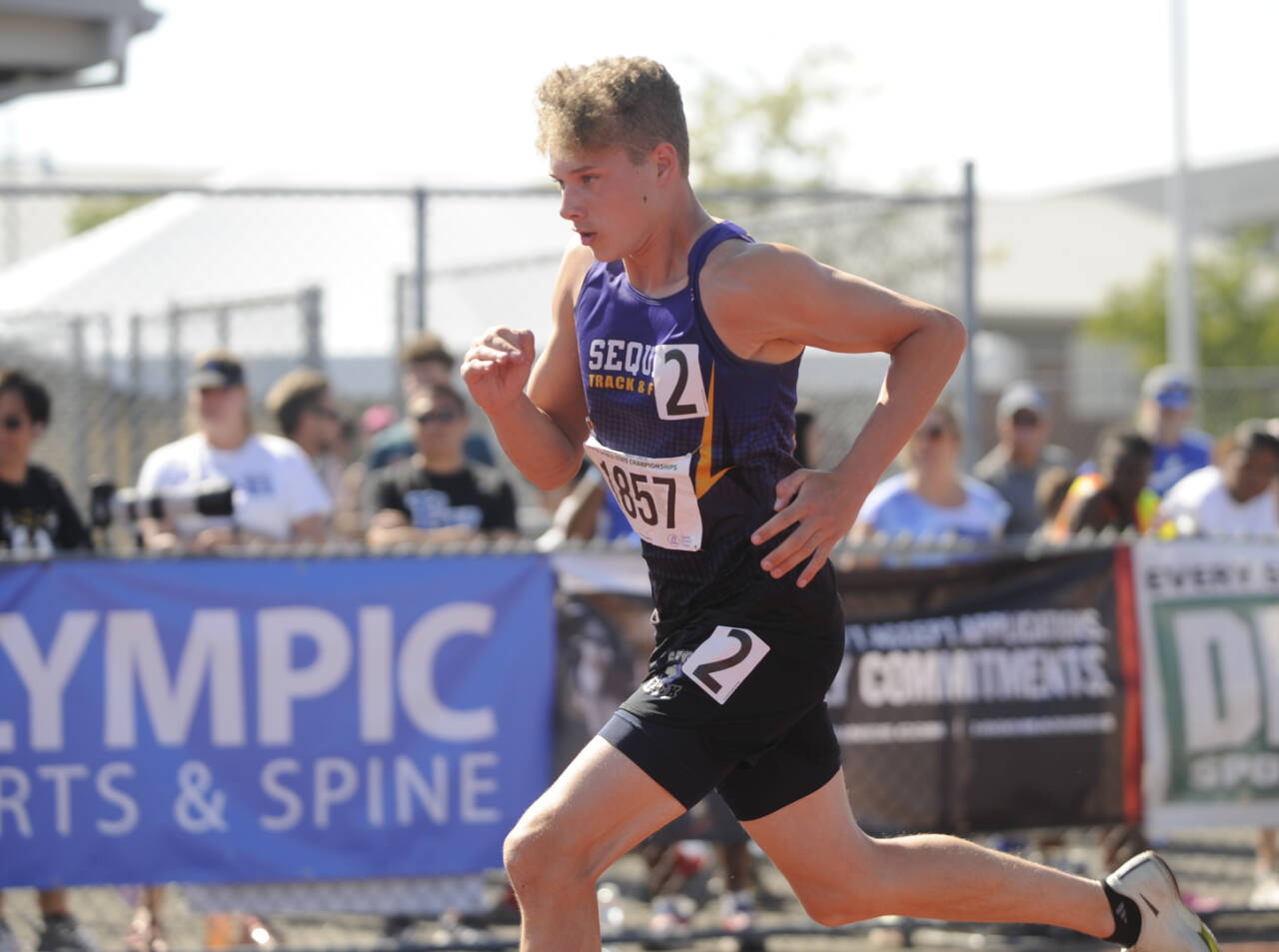 Sequim High sophomore Sean Southard breaks from the start in the 400-meter race at the Class 2A state track and field championships in Tacoma on May 26. Southard finished 16th overall in 53.11 seconds.