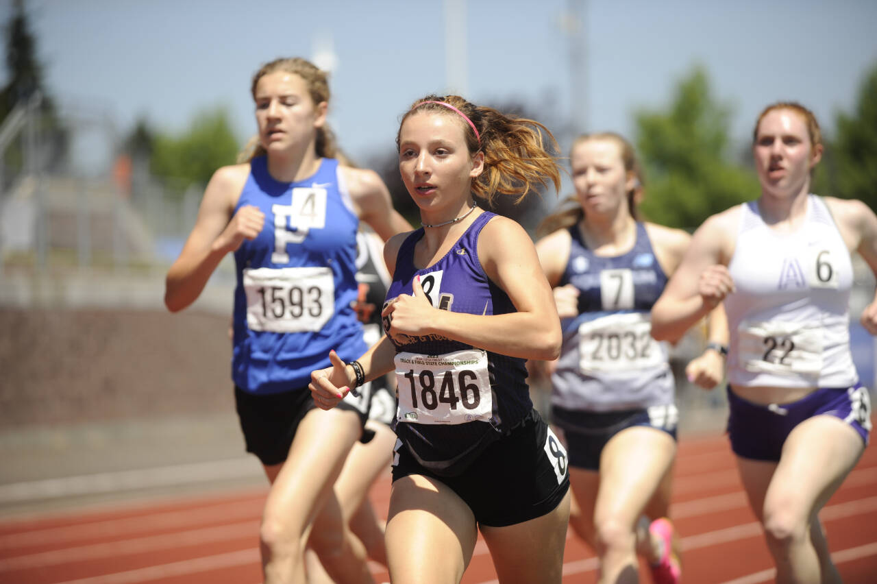 Sequim Gazette photo by Michael Dashiell / Sequim High junior Kaitlyn Bloomenrader races with the lead pack in the 800-meter preliminaries at the Class 2A state track and field finals in Tacoma on May 26. She finished 13th in 2:31.