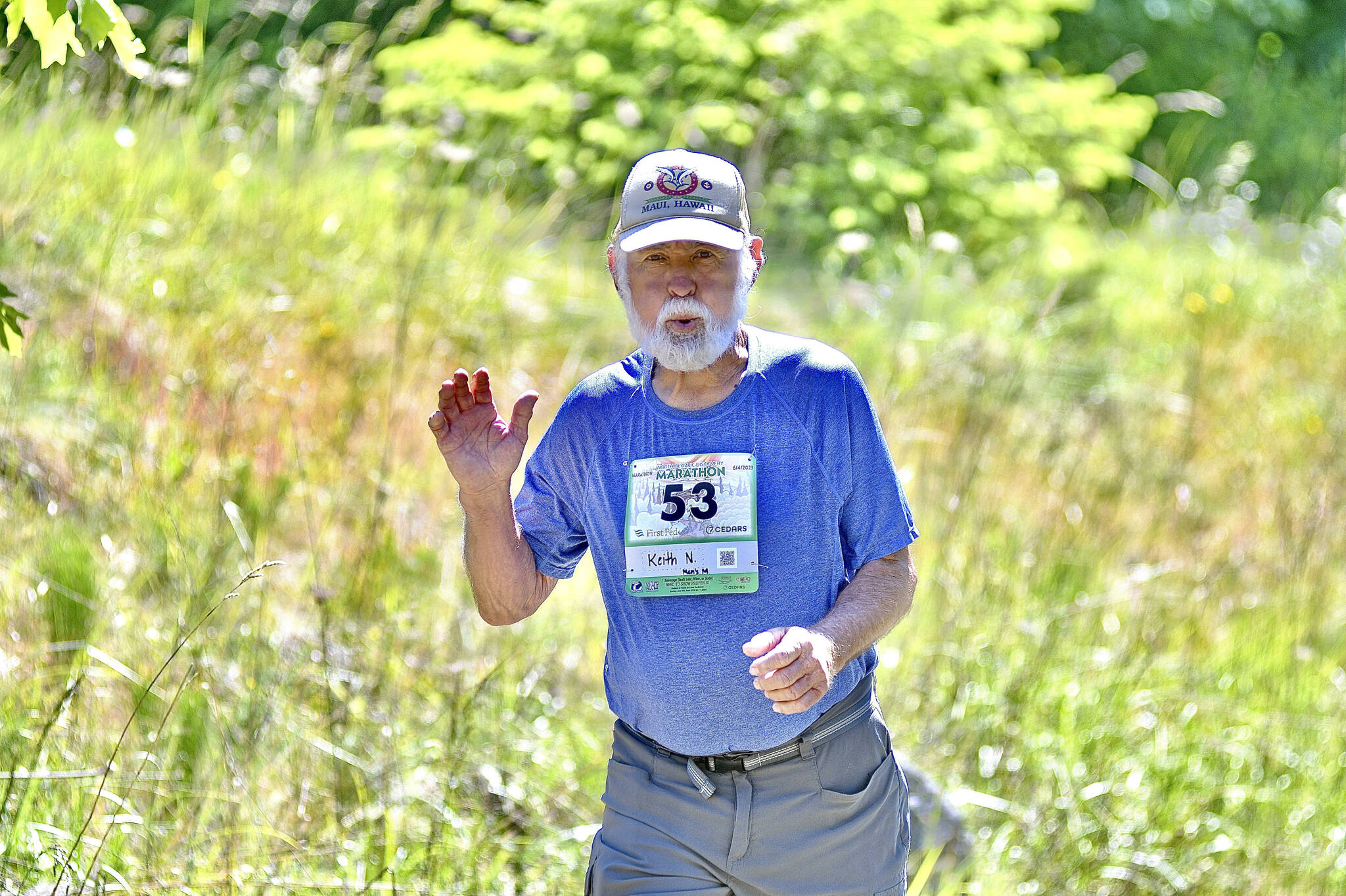 Photo by Jay Cline / Keith Northington, 84, of Sequim, races in the North Olympic Discovery Marathon on June 4. Northington finished in 7:18:02. The oldest runner in this year’s race, Northington cruised to a win in his age class (men 80-89).