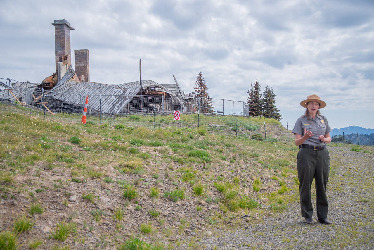 Sequim Gazette photo by Emily Matthiessen / On June 26, Olympic National Park superintendent Sula Jacobs talks about the fire that destroyed the Hurricane Ridge Day Lodge in early May. Access to Hurricane Ridge Road and park amenities reopened on June 27.