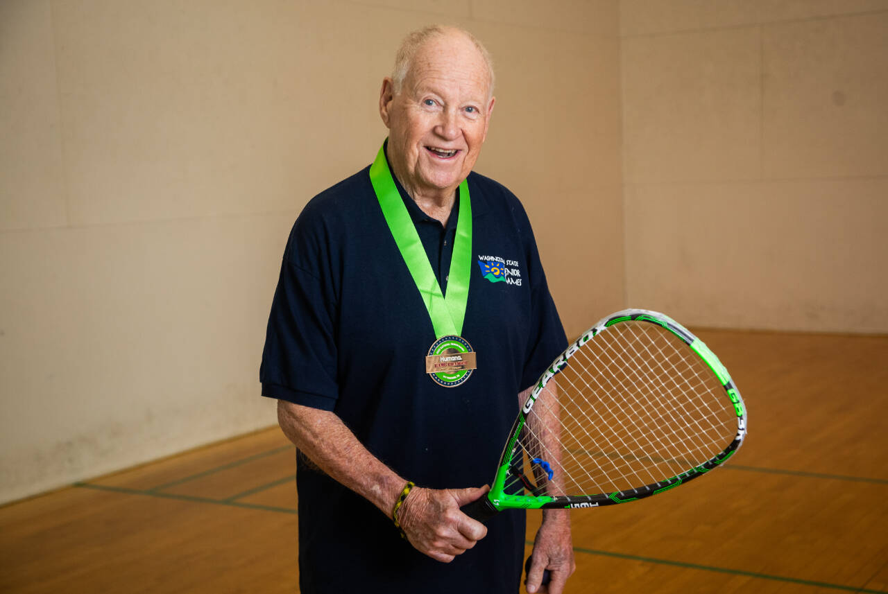 Photo by Andrew Rush/AP Images for Humana Inc. / Racquetball player Gerald Rettela, 88, practices for his competitions at the 2023 National Senior Games on July 13 in Pittsburgh. Rettela, a Port Angeles native, was one of 28 athletes selected for national recognition as a Humana Game Changer, which celebrates athletes’ commitment to healthy aging and their encouragement, motivation and inspiration to people of all ages to get active. Not only does Rettela serve on the racquetball court, but he also served in the U.S. Army during the Korean War, and even after his time in the military ended, he didn’t stop serving others. Each month for the last 14 years, Rettela has purchased hundreds of hot dogs and delivered them three hours from his hometown to the USO for troops leaving the United States from the Seattle-Tacoma International Airport.