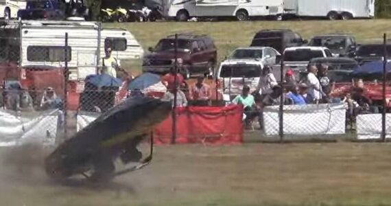ASBR/YouTube
The Jeepers Creepers sprint boat driven by Dillion Cummings with Teri Cummings, both of Sequim, crashes out during a qualifying run Saturday. The crash caused injuries to the crew and delayed the race for 30 minutes as medical officials treated the driver and navigator.