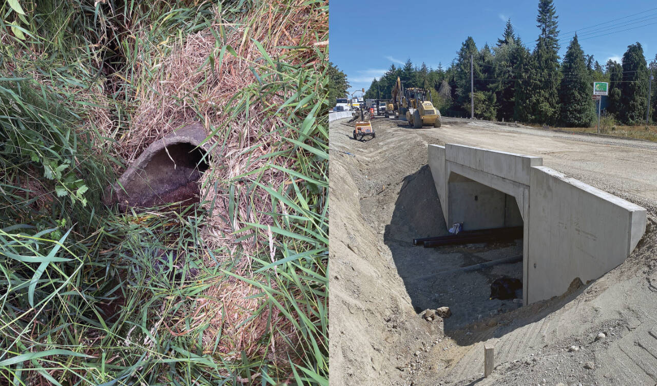 Photos courtesy WSDOT/ State crews removed and installed a new culvert to improve fish passage under U.S. Highway 101 at Eagle Creek between Blyn and Gardiner, pictured here in before (left) and after photos.