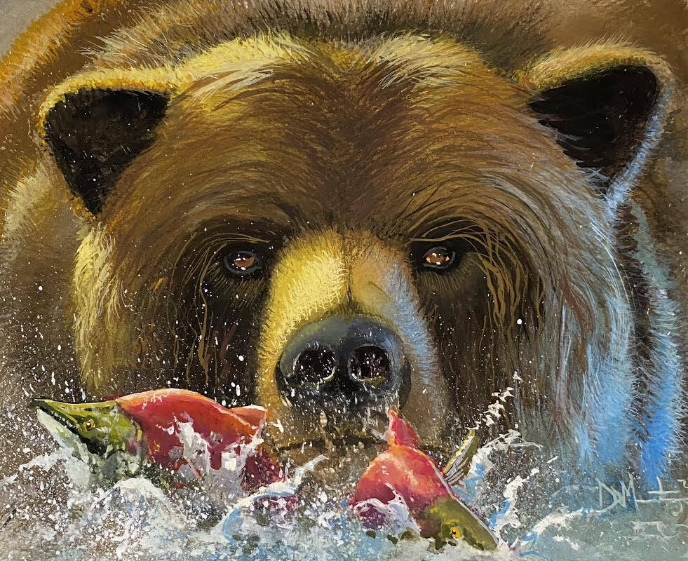 Art courtesy of Dave Montague
This painting of a bear fishing is one of Dave Montague’s original paintings and is popular among Sequim Farmers and Artisans shoppers.