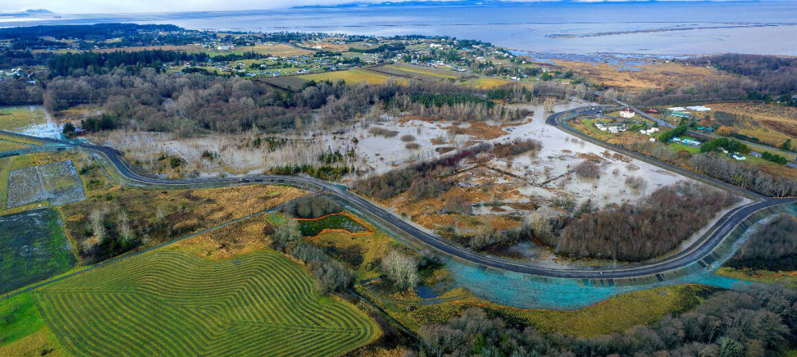 Photo courtesy of Clallam County / An aerial image shows flooding of the Lower Dungeness Floodplain Restoration site Dec. 27, 2022.