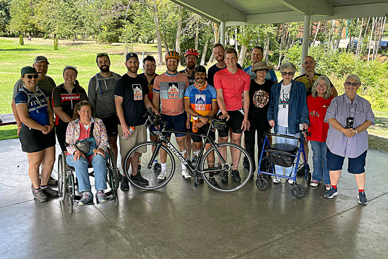 Sequim Gazette photo by Matthew Nash
Riders with Bike the US for MS and members of the Sequim MS Support Group gather in Carrie Blake Community Park on Aug. 8 after cyclists rode 60 miles in the area to raise funds for multiple sclerosis research.