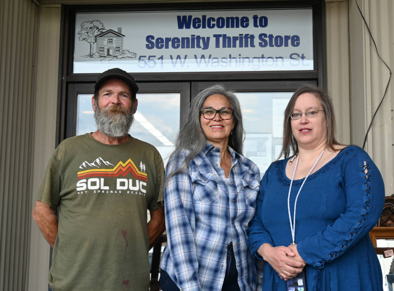 Sequim Gazette photo by Michael Dashiell
From left, Michael Murphy of Olympic TV & Tech, Serenity Thrift Store director Belicia Muñoz and Sequim Electronics manager Becky Northaven meet at Serenity House Store in Sequim. Sequim Electronics donated a security camera and equipment that Murphy installed in late August.