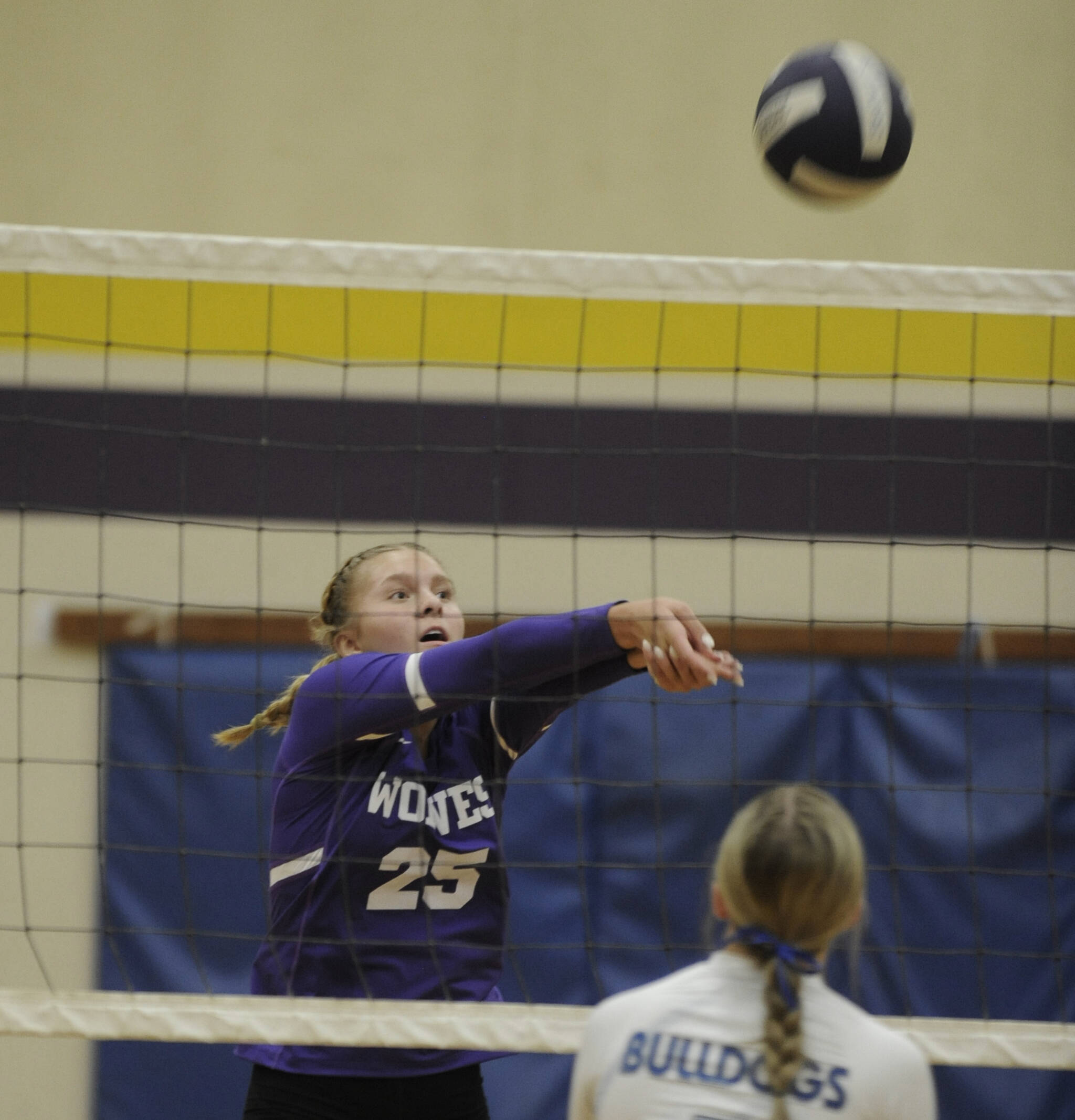 Sequim Gazette photo by Michael Dashiell / Sequim High senior Jolene Vaara looks to pass to a teammate in the Wolves’ season-opener at home against North Mason on Sept. 12. The all-Olympic League first-teamer is one of just a few upperclassmen on this year’s varsity squad.