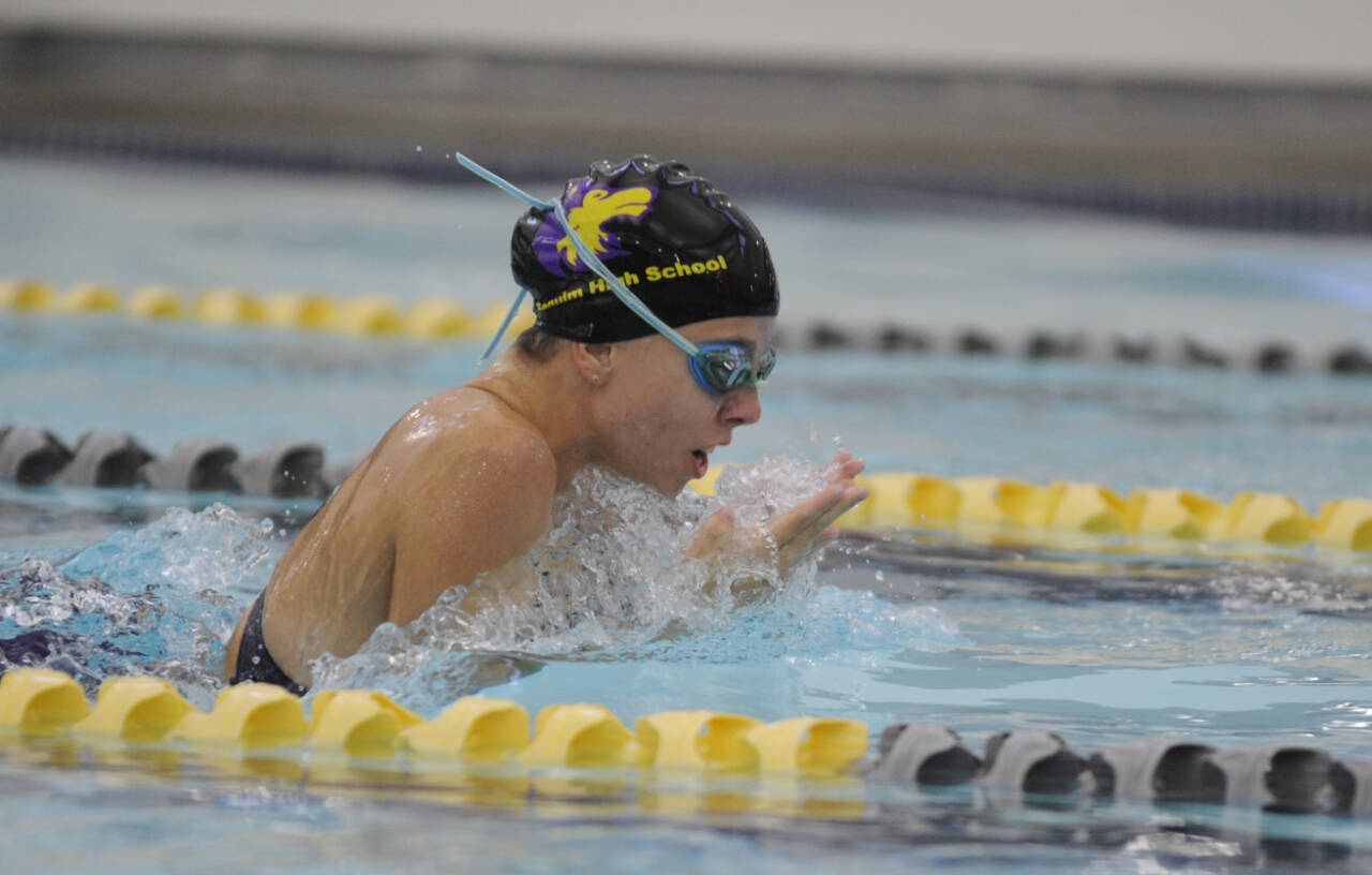 Sequim Gazette photo by Michael Dashiell / Sequim’s Annie Ellefson races to a win in the 100 breaststroke as the Wolves host East Jefferson on Sept. 13.