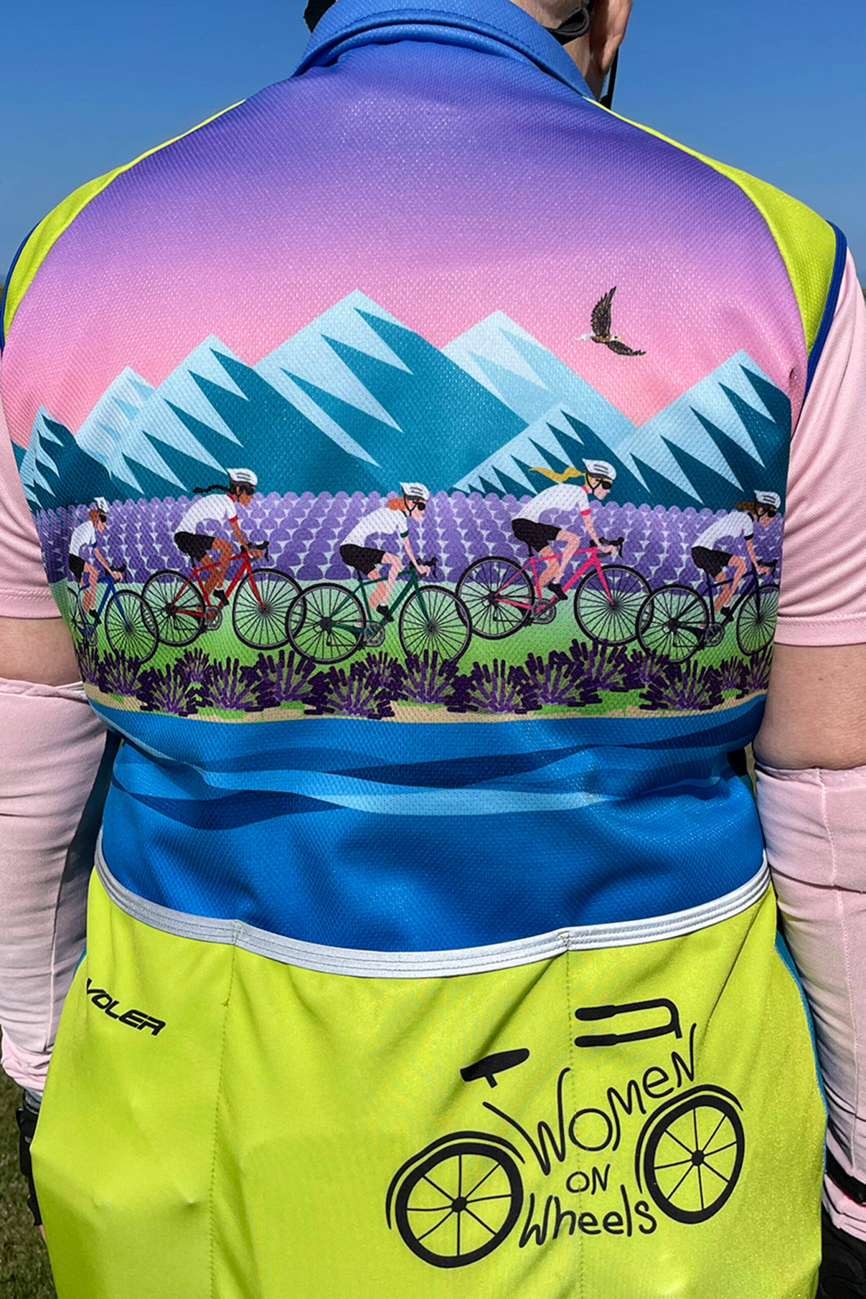 Sequim Gazette photo by Matthew Nash/ If you see this colorful jersey on Sequim’s roads, it belongs to one of the 70 Women on Wheels (WOW), a cycling group of women ages 55-80. The jersey was co-designed by Natalie Elfant.