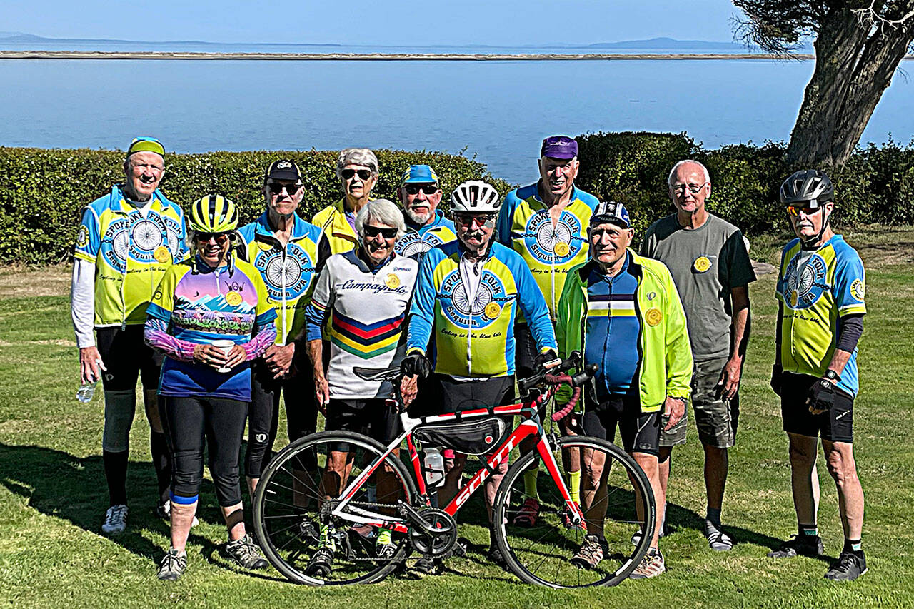 Sequim Gazette photo by Matthew Nash
Riders aged 80-and-up with The Society of Ancient and Honorable Cyclists gathered on Sept. 1 in Dungeness to commemorate the upcoming 80th birthday of fellow cyclist Bill O’Brien, second from right.