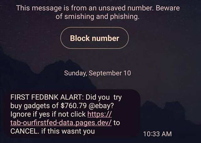 Photo courtesy First Fed/ This is an example of a fraudulent text message sent by scammers to First Fed customers in September 2023.