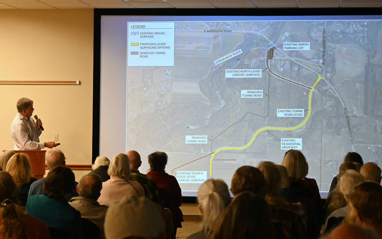 Sequim Gazette photo by Michael Dashiell
Bruce Emery, director of Clallam County’s Department of Community Development, describes the lower Dungeness levee project prior to highlighting four levee options at a Sequim 26 public meeting in Sequim.