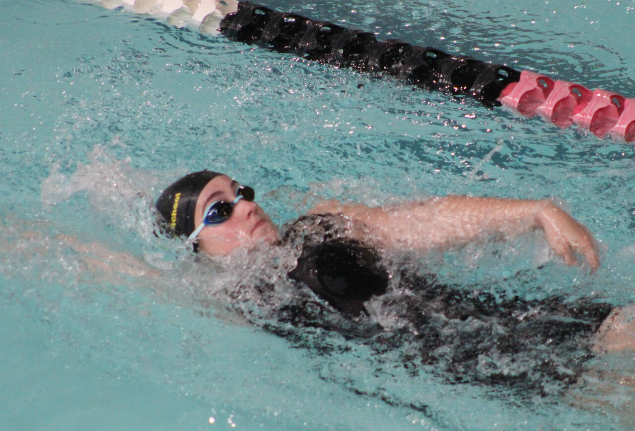 Sequim’s Ava Shinkle competes at the West Central District 3 meet on Nov. 4. Shinkle placed third in the 200 individual medley and fourth in the 100 butterfly.