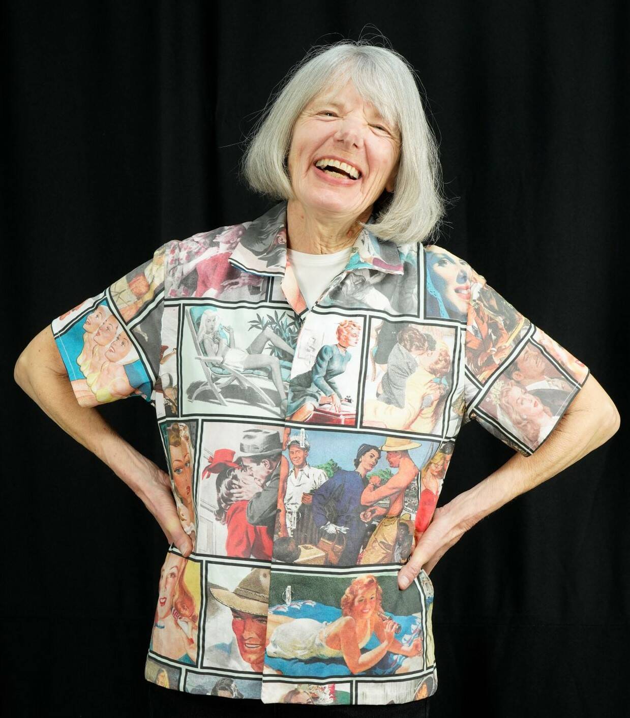 Photo courtesy of Peninsula Fiber Artists
“Faces of the 40s” is a shirt created by Sequim’s Linda Carlson using digitally-printed fabric she designed with scans of illustrations from 1940s issues of the Saturday Evening Post, Colliers and other magazines.