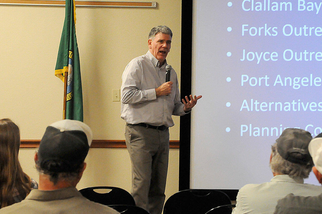 Sequim Gazette photo by Matthew Nash/ Bruce Emery, Clallam County’s director of Community Development, chats with about 30 local farmers on Nov. 7 to seek input on updating the county’s code in order to better help farms come into compliance. “This is going to be cooperative, constructive, and it’s not going to be punitive,” he said.