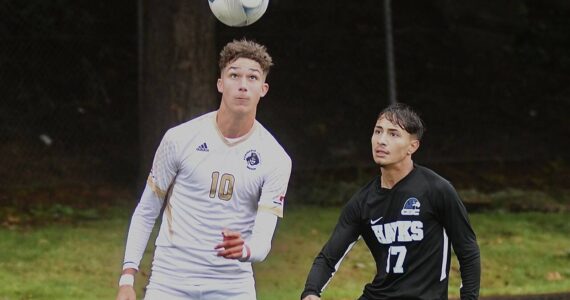 Peninsula College's Nil Grau (10), looks to control the ball against Columbia Basin's Jonas Olvera (17) in the NWAC semifinals held Friday in Tukwila. Grau scored the only goal of the game in a 1-0 victory, sending the Peninsula men into the NWAC finals at 1:30 p.m. Sunday against Highline. (Jay Cline/Peninsula College)
