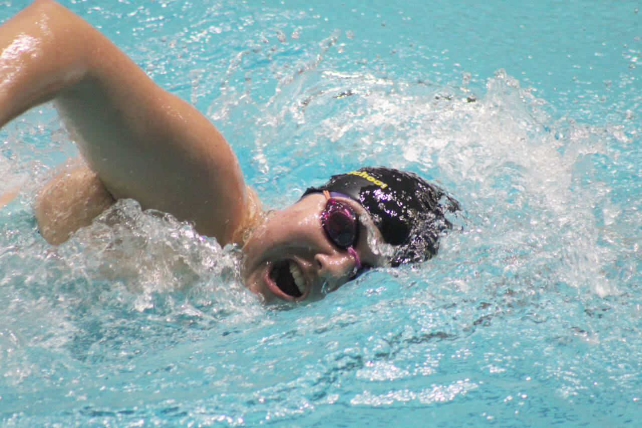 Photo courtesy of Eric Ellefson / Sequim’s Melia Nelson swims in the 400 free relay at the class 2A state meet in Federal Way last week. The Wolves placed 15th in the event and 20th overall.