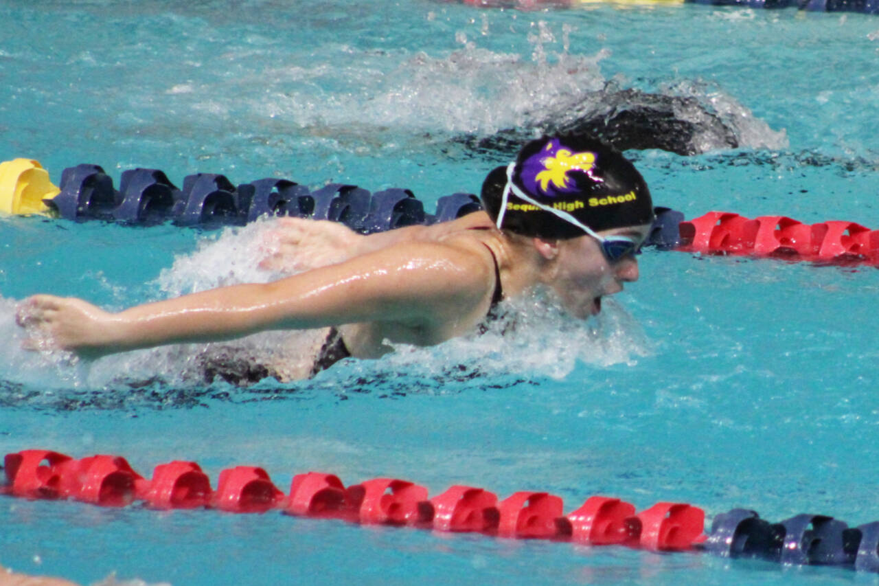 Photo courtesy of Eric Ellefson / Sequim’s Ava Shinkle competes in the 200 individual medley at the class 2A state meet in Federal Way last week. Shinkle placed sixth.