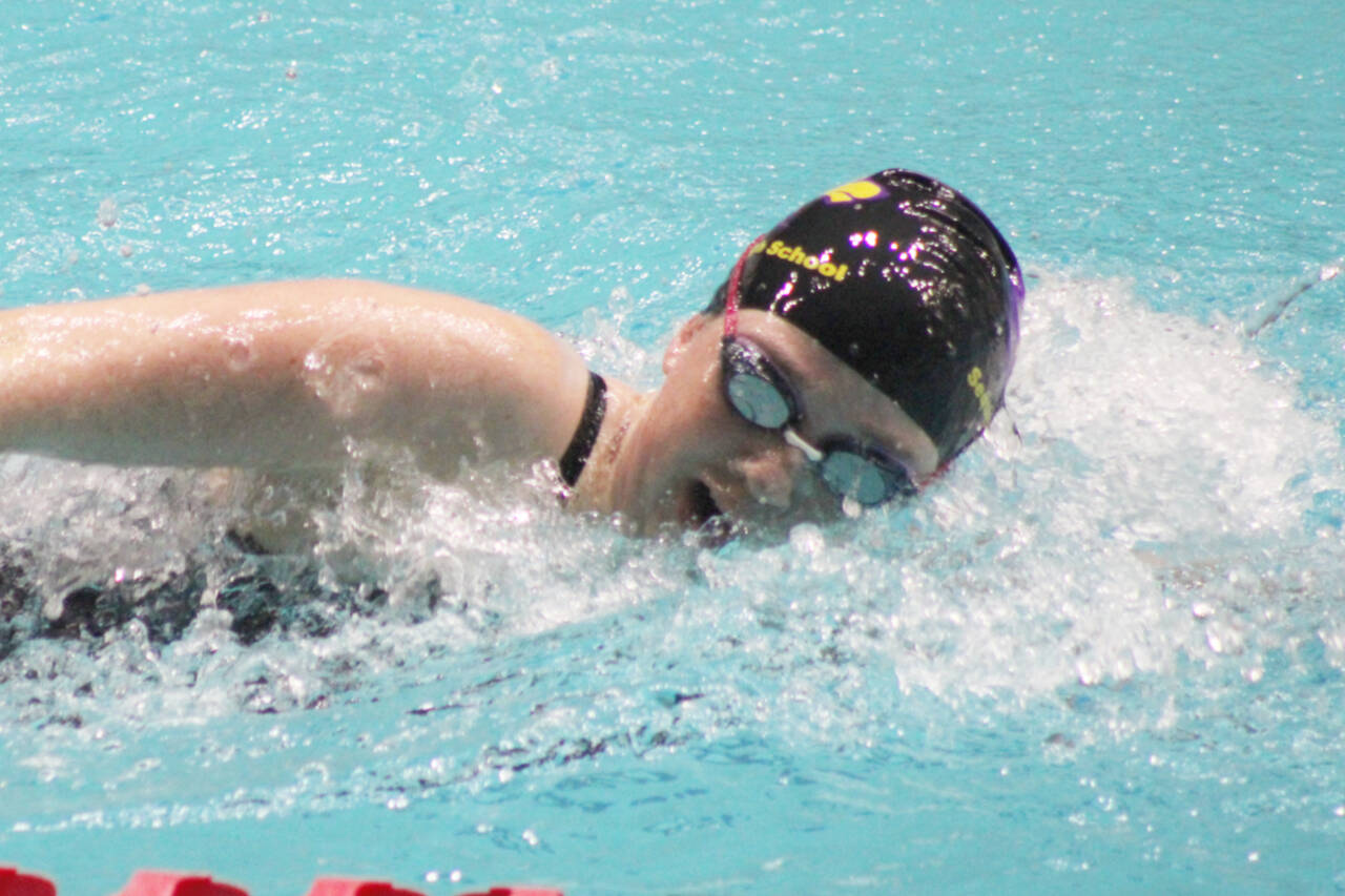 Photo courtesy of Eric Ellefson / Sequim’s Natalie Cross helps the Wolves place 15th in the 200 medley relay at the class 2A state finals in Federal Way last week.