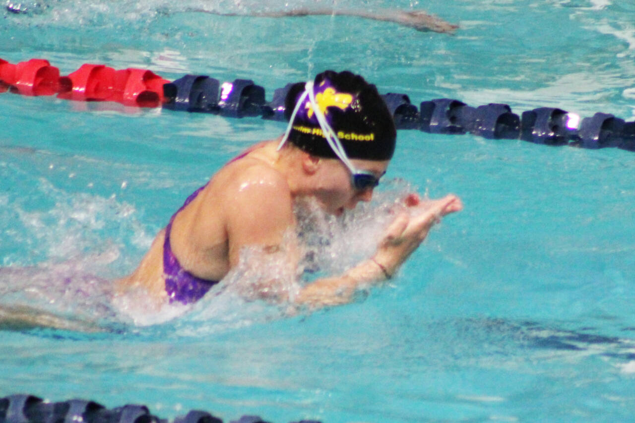 Photo courtesy of Eric Ellefson / Sequim’s Annie Ellefson competes in the 100 breaststroke at the class 2A state finals in Federal Way last week. Ellefson placed 11th in the event.