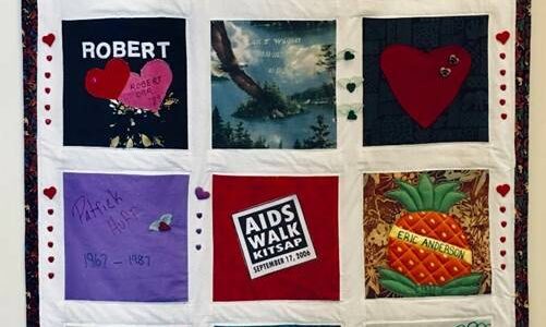 Photo courtesy of North Olympic Library System / An AIDS Memorial Quilt panel courtesy of Kitsap Public Health District will be on view during the “World AIDS Day: Art in the Library” exhibition opening event at the Port Angeles Library on Dec. 1.