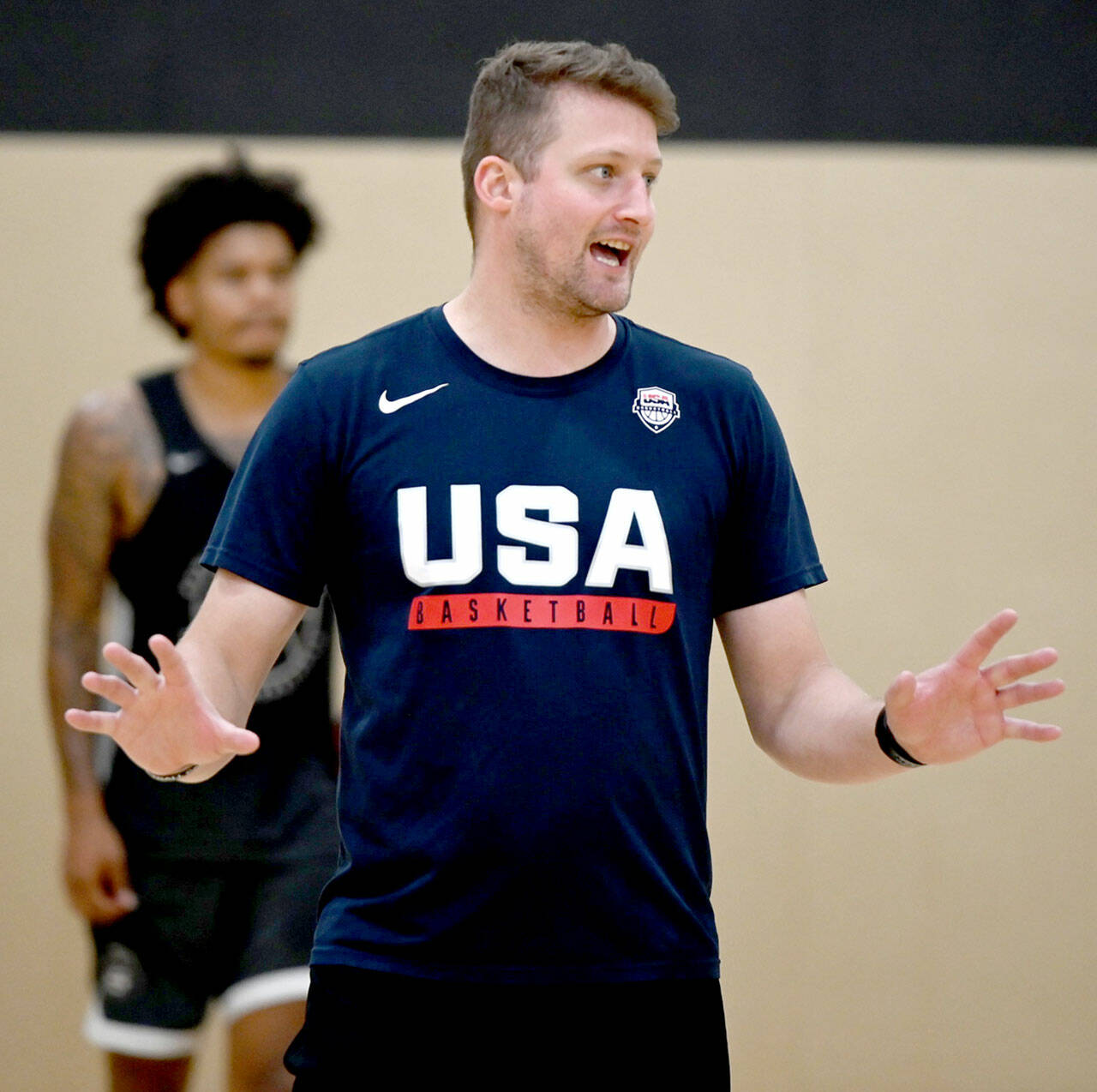 Photo courtesy of Peninsula College Athletics
New Peninsula College men’s basketball coach Bryce Jacobson instructs the Pirates during a preseason practice last month.