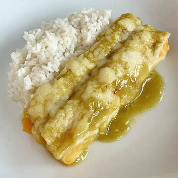 Photo courtesy of Home Plates / Salsa verde cheese enchiladas with minted rice (gluten free, vegan) is on the menu at Home Plates, the Olympic Peninsula’s new meal delivery service.