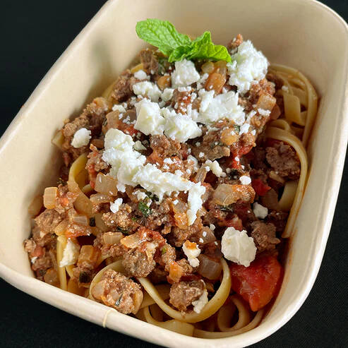 Photo courtesy of Home Plates / Linguini with middle eastern spiced beef is on the menu at Home Plates, the Olympic Peninsula’s new meal delivery service.