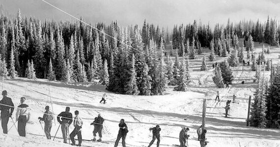 Photo from U.S. National Park Service archives / Skiing at Deer Park, pictured in this historic photo, is the topic of the first 2024 Olympic National Park Perspectives Winter Speaker Series hosted by the North Olympic Library System, set for Jan. 9 in Port Angeles. The presenter is retired physician Dr. Roger Merrill Oakes, a founder and past president of the Hurricane Ridge Winter Sports Club.