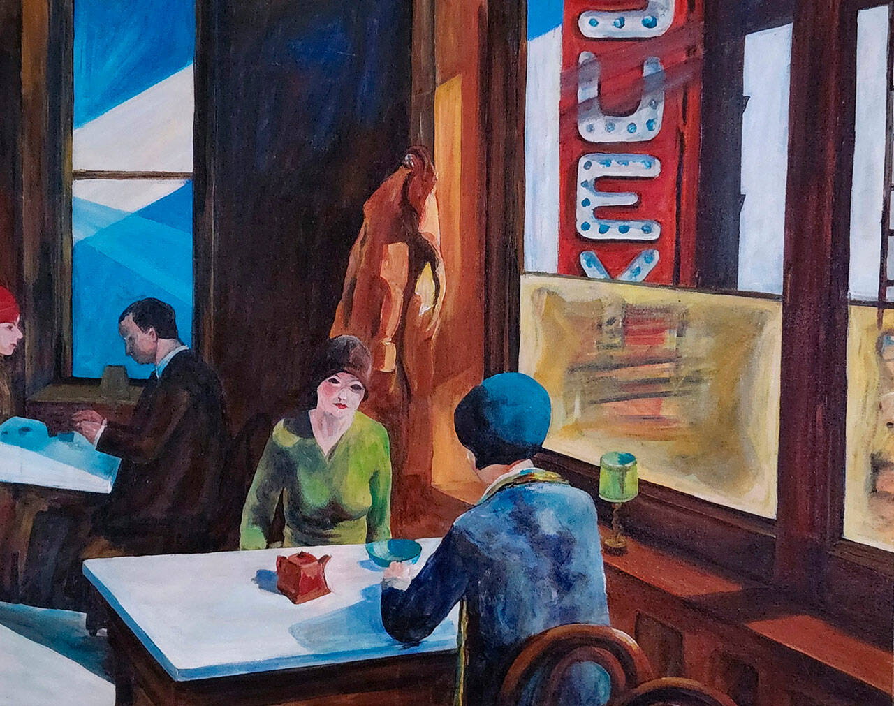 Artwork courtesy of Carrie Rodlend
“Chop Suey” (1929) by Edward Hopper is reimagined for Carrie Rodlend’s “A Taste of Art” show for the month of February in The Ramen Shop, 138 W. Washington St.