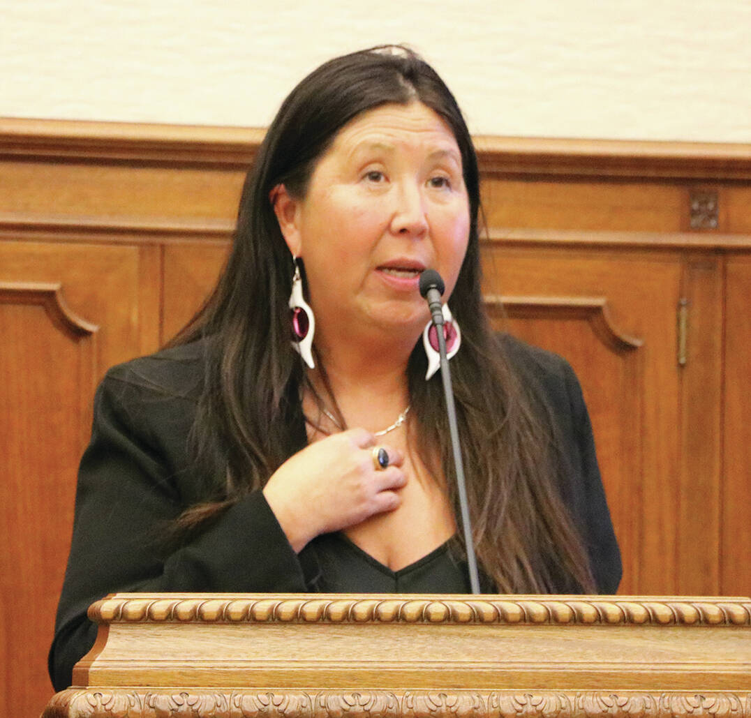 Photo by Aspen Anderson/Washington State Journal / Rep. Debra Lekanoff, D-Bow, addresses a crowd at a press conference in Olympia. With tribal leaders, Lekanoff is pressing for state help to counter the opioid crisis among tribal communities.