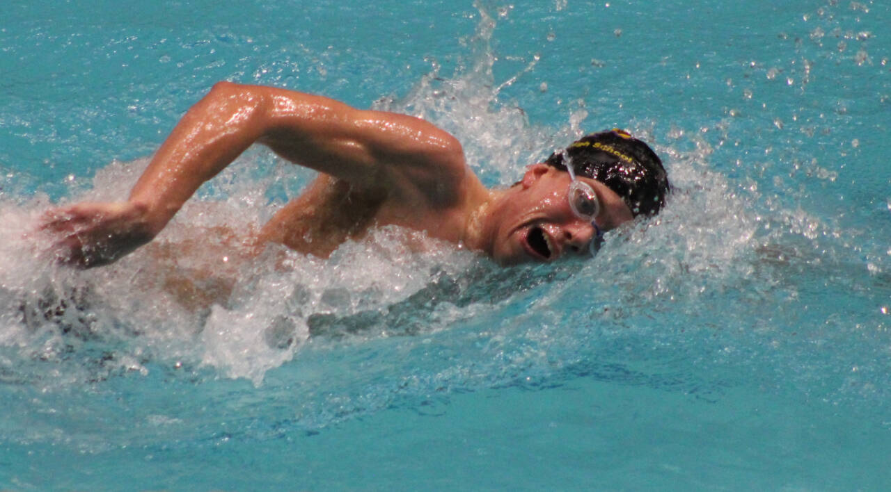 Photos by Eric Ellefson
Sequim’s Colby Ellefson races to top-five finishes in the 200 free and 500 free at the 1A/2A state meet last week in Federal Way.