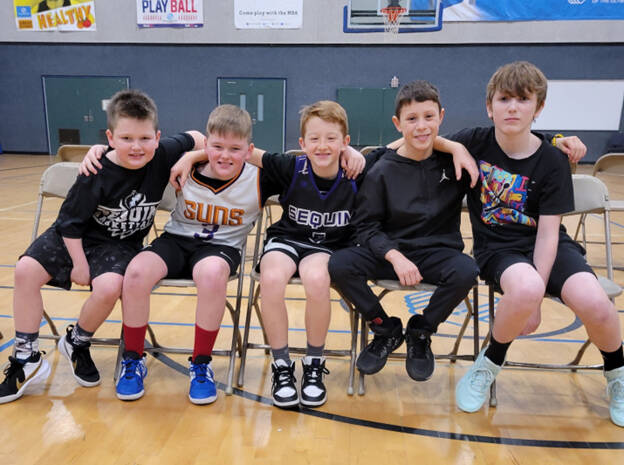 Photo courtesy of Sequim Elks Lodge
The Sequim Elks Lodge recently held its National Hoop Shoot competition at the Sequim Boys & Girls Club. Contestants included, from left, Bennett Castell, Grayson Castell, Roman Bacchus, Maks Lopez and Luca Blake. Bennett Castell won the 8-9 age bracket, Bacchus the 10-11 division and Blake the 12-13 group and all three competed at the district-level of the National Hoop Shoot competition.