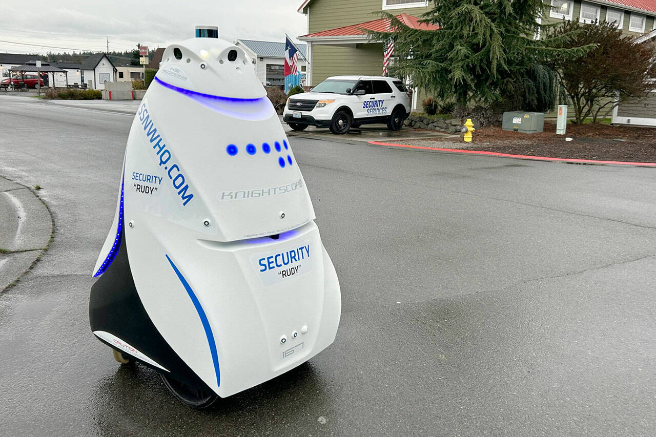 Sequim Gazette photo by Matthew Nash/ Rudy the autonomous robot is on patrol nightly around Center Park Way with security monitoring by Security Services Northwest’s dispatch staff. Company President Joe D’Amico said they wanted to try it out before leasing other robots to companies, and so far he said it’s been a morale booster for staff, families and passer-by.