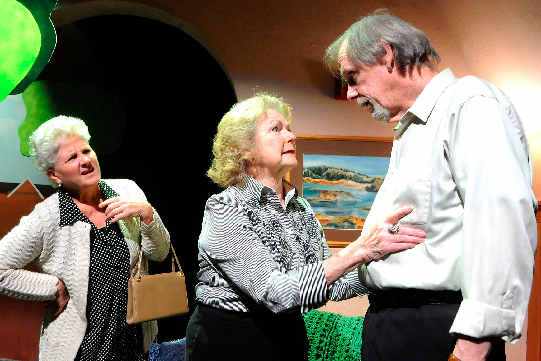 Sequim Gazette photo by Matthew Nash
Rose (Rozlyn Rouse) discovers her brother Ralph (Pat Owens) canoodling with Carol (Sharon DelaBarre) in their apartment in “The Last Romance.”
